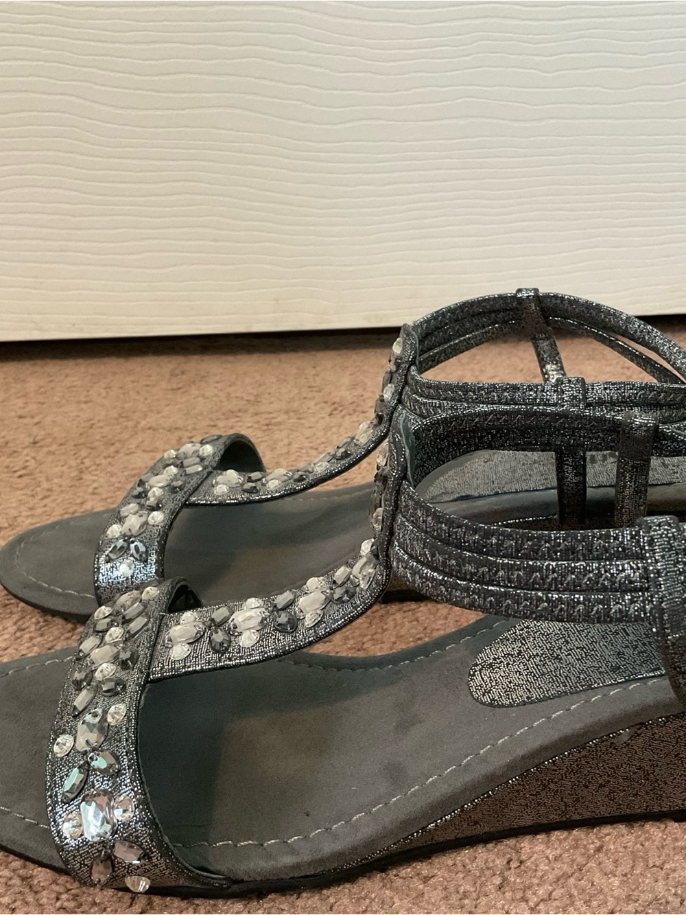 East 5th Silver Crystal Embellished Wedge Sandals